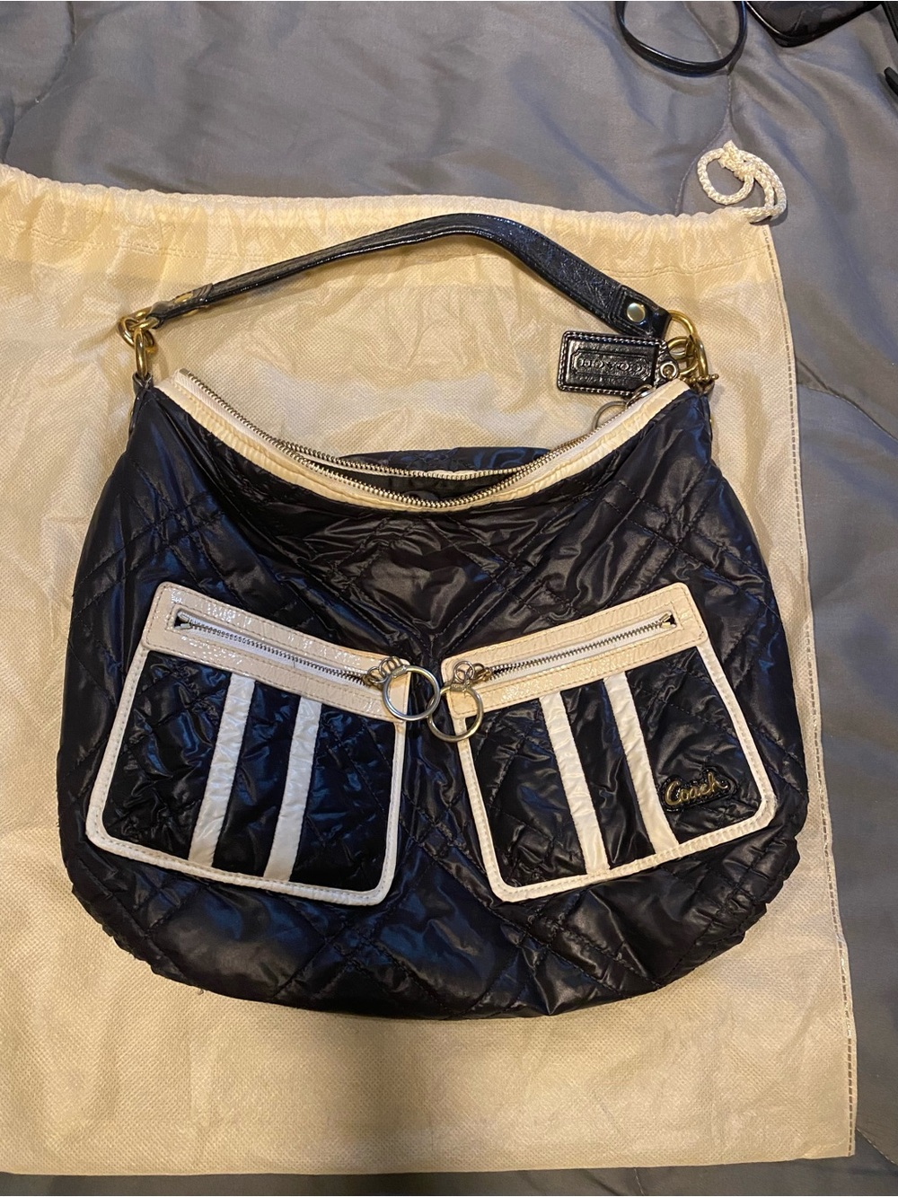 Coach Black Quilted Hobo Bag with Cream Trim